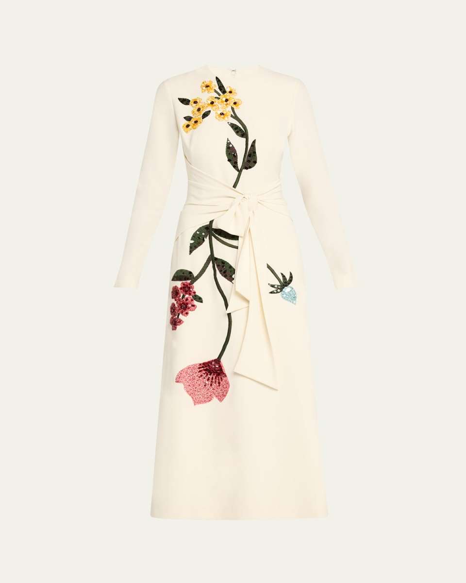 Floral Embroidered Long-Sleeve Tie Waist Midi Dress